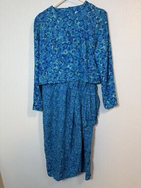 Nora Noh Vintage 100% Silk Dress Size 8 Blue Teal Floral Draped Midi Long Sleeve